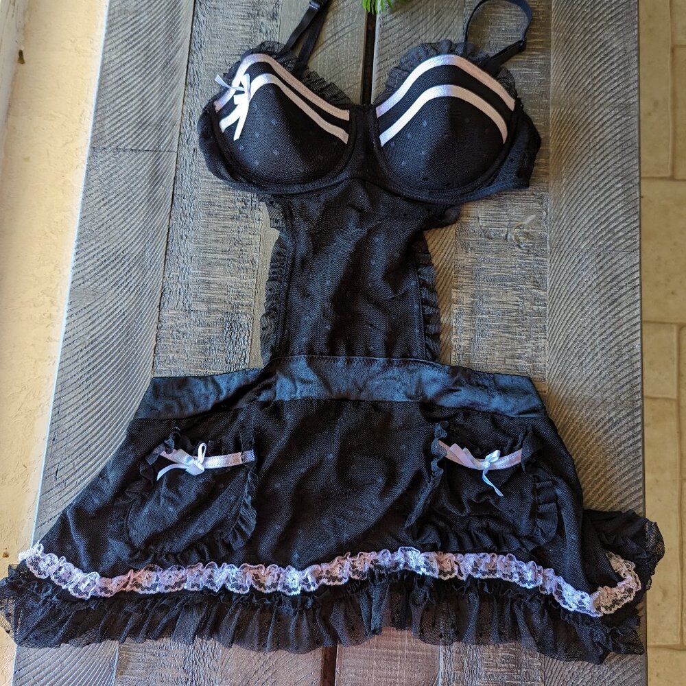 Nature Intimates Apron Lingerie w Pockets Mesh Sheer Black French Maid Sexy 34B